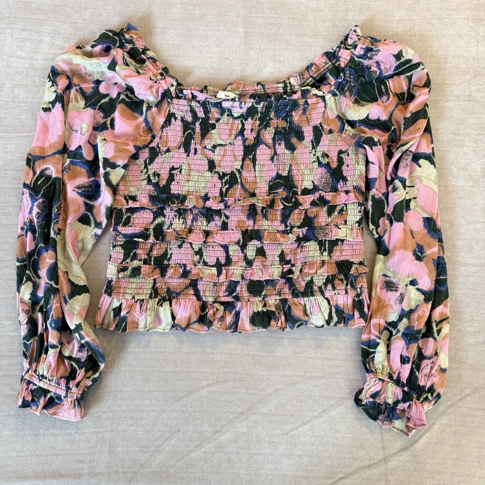 Sam Edelman Floral Smocked Crop Top Womens L Puff‎ Sleeve Boho Prairie